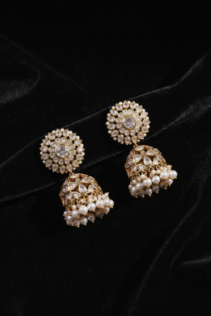 Puja hegde jhumkas polki jhumkas Diamond Jhumkas 925 silver jewelry 22k gold plated - SHABURIS