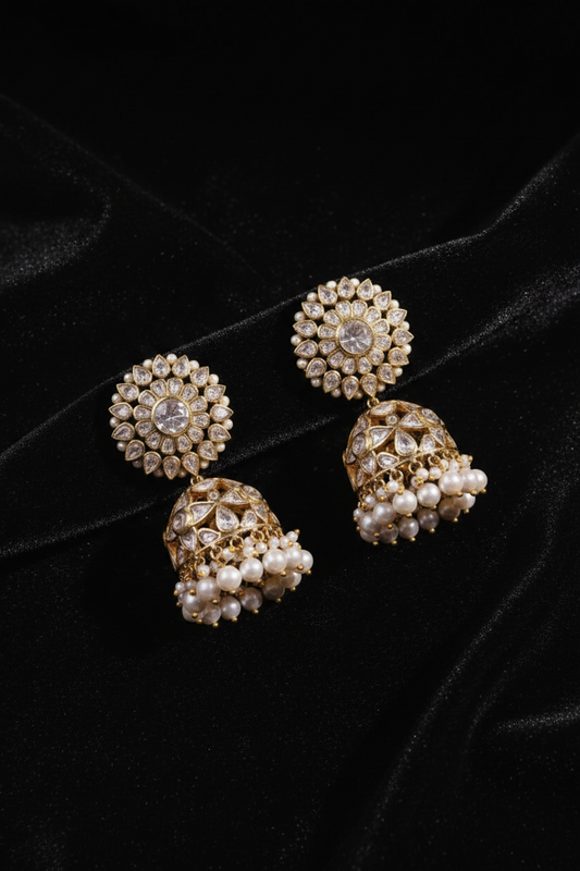 Puja hegde jhumkas polki jhumkas Diamond Jhumkas 925 silver jewelry 22k gold plated - SHABURIS
