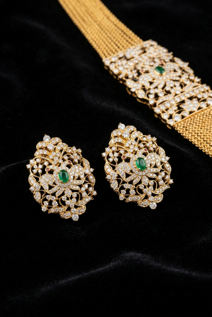 Chandraharam Diamond Necklace 925 silver jewelry 22k gold plated - SHABURIS