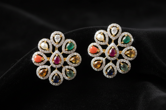 Cocktail Earrings | Navaratan studs | Bridal Polki Earrings | Uncut Diamond Look Indian Jewelry | Wedding & Reception Ethnic Earrings | 925 silver earrings - SHABURIS