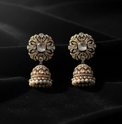 Polki Jhumkas 925 silver jewelry 22k gold plated - SHABURIS