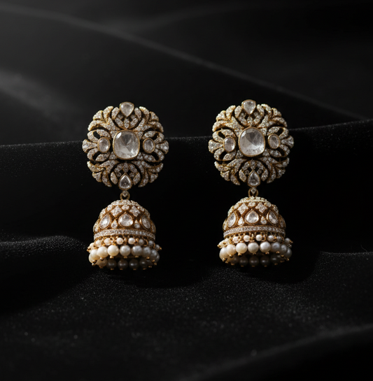 Polki Earrings Diamond Earrings Big Jhumkas Long Earrings Polki Jhumkas 925 silver jewelry 22k gold plated - SHABURIS