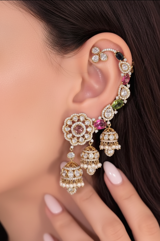 Earcuffs Polki Earrings Diamond Earrings Big Jhumkas Long Earrings Polki Jhumkas 925 silver jewelry 22k gold plated - SHABURIS