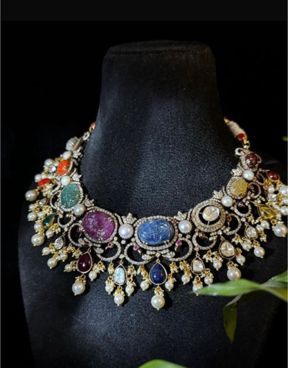 Navaratan necklace wedding jewelry silver necklace 925 silver with 22k gold plated - SHABURIS