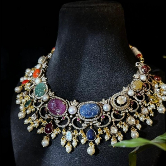 Navaratan necklace wedding jewelry silver necklace 925 silver with 22k gold plated - SHABURIS