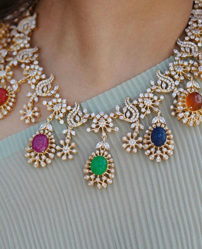 Navaratan necklace Pure Silver jewelry Indian diamond Necklace Navaratan Set - SHABURIS