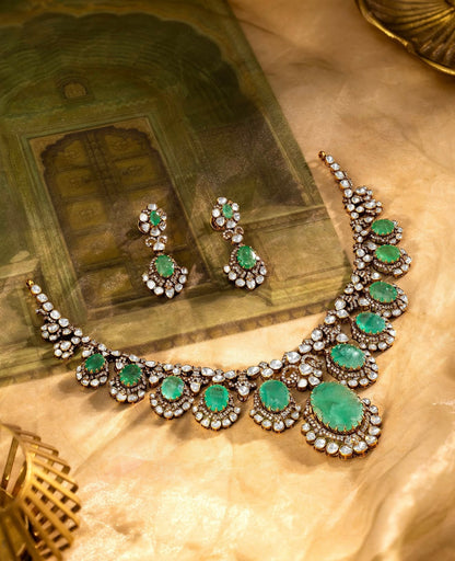 Emerald Necklace Polki necklace 925 silver jewelry 22k gold plated - SHABURIS