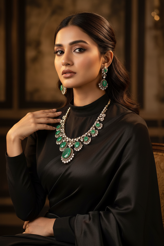 Emerald Necklace Polki necklace 925 silver jewelry 22k gold plated - SHABURIS