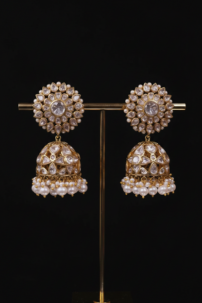 Puja hegde jhumkas polki jhumkas Diamond Jhumkas 925 silver jewelry 22k gold plated - SHABURIS