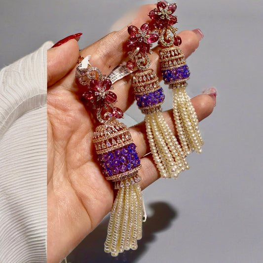Tassel Earrings | Cocktail Earrings | Big studs | Bridal Polki Earrings | Uncut Diamond Look Indian Jewelry | Wedding & Reception Ethnic Earrings | 925 silver earrings - SHABURIS
