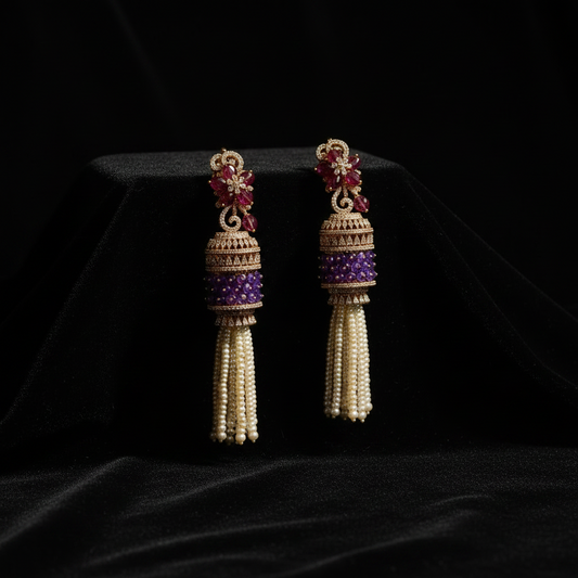 Tassel Earrings | Cocktail Earrings | Big studs | Bridal Polki Earrings | Uncut Diamond Look Indian Jewelry | Wedding & Reception Ethnic Earrings | 925 silver earrings - SHABURIS