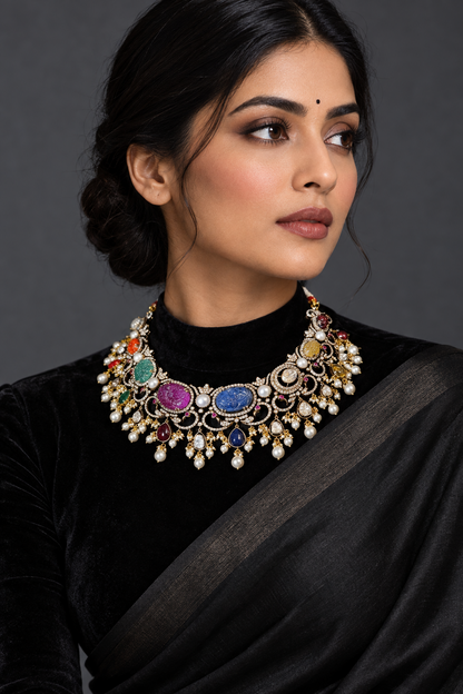 Navaratan necklace wedding jewelry silver necklace 925 silver with 22k gold plated - SHABURIS