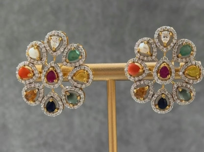 Cocktail Earrings | Navaratan studs | Bridal Polki Earrings | Uncut Diamond Look Indian Jewelry | Wedding & Reception Ethnic Earrings | 925 silver earrings - SHABURIS