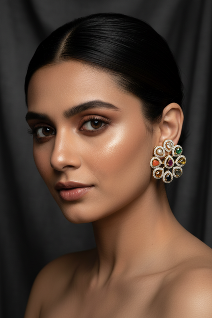 Cocktail Earrings | Navaratan studs | Bridal Polki Earrings | Uncut Diamond Look Indian Jewelry | Wedding & Reception Ethnic Earrings | 925 silver earrings - SHABURIS