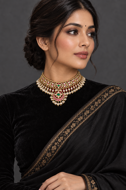 Guttapusalu Bridal necklace diamond Jewelry necklace Pearl necklace statement jewelry silver necklace 925 silver with 22k gold plated - SHABURIS