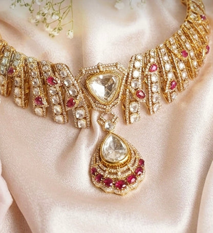 Polki necklace 925 silver jewelry 22k gold plated - SHABURIS
