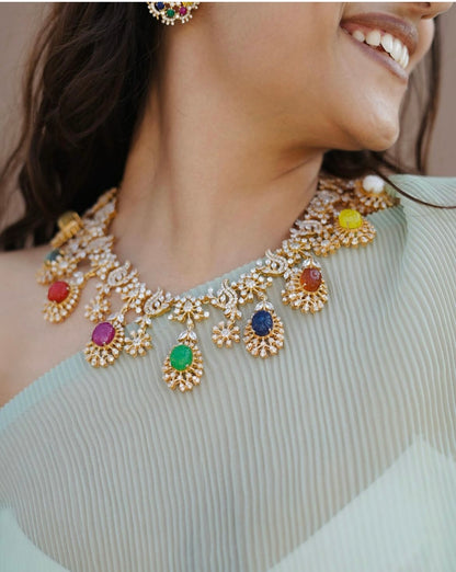 Navaratan necklace Pure Silver jewelry Indian diamond Necklace Navaratan Set - SHABURIS