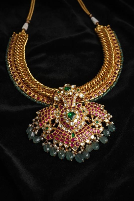 Detachable jilebi Necklace Garuda Pendant Jewelry Cocktail Earrings Polki necklace 925 silver jewelry- SHABURIS