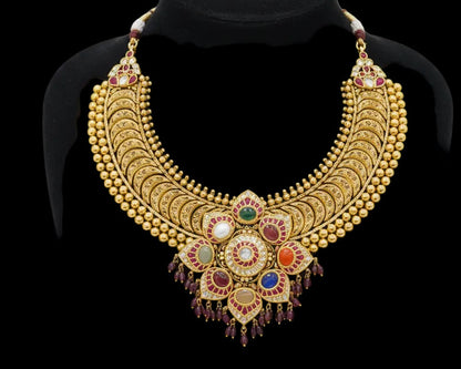 Kasu Necklace Navaratan necklace 925 silver jewelry 22k gold plated - SHABURIS