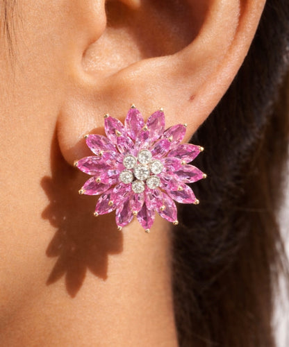 Pink Saphire studs big studs diamond studs 925 silver jewelry 22k gold plated - SHABURIS