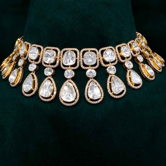 Polki necklace silver necklace 925 silver with 22k gold plated - SHABURIS