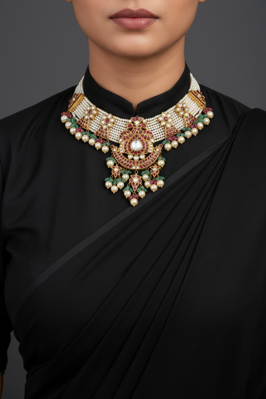 Pearl necklace statement jewelry silver necklace 925 silver with 22k gold plated - SHABURIS