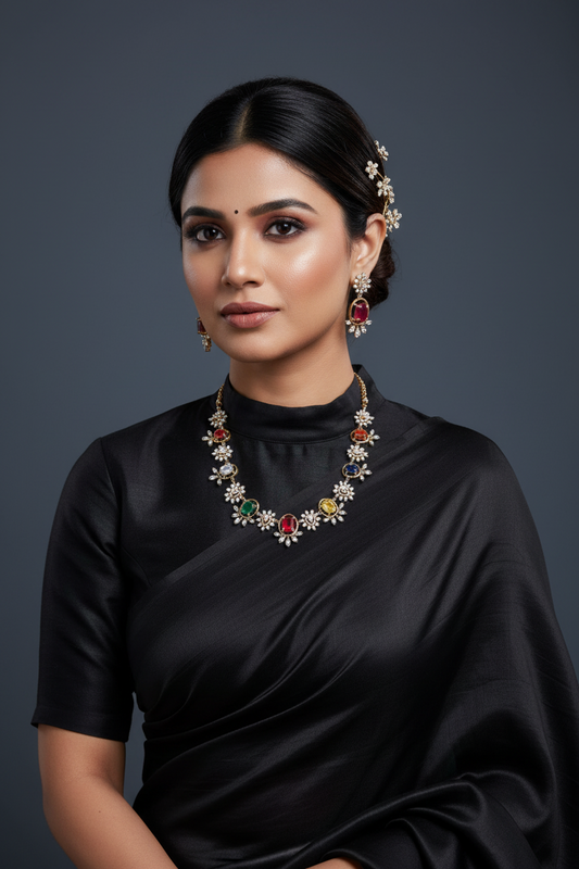 Navaratan necklace statement jewelry silver necklace 925 silver with 22k gold plated - SHABURIS