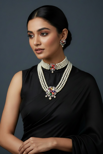 Navaratan necklace statement jewelry silver necklace 925 silver with 22k gold plated - SHABURIS
