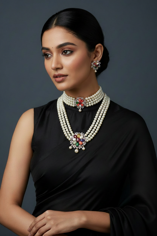 Navaratan necklace statement jewelry silver necklace 925 silver with 22k gold plated - SHABURIS