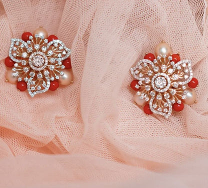 Diamond studs,Pure Silver jewelry Indian ,coral studs,coral earrings,Indian Bridal,Indian Wedding Jewelry-NIHIRA-SHABURIS