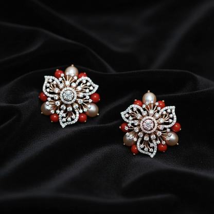 Diamond studs,Pure Silver jewelry Indian ,coral studs,coral earrings,Indian Bridal,Indian Wedding Jewelry-NIHIRA-SHABURIS