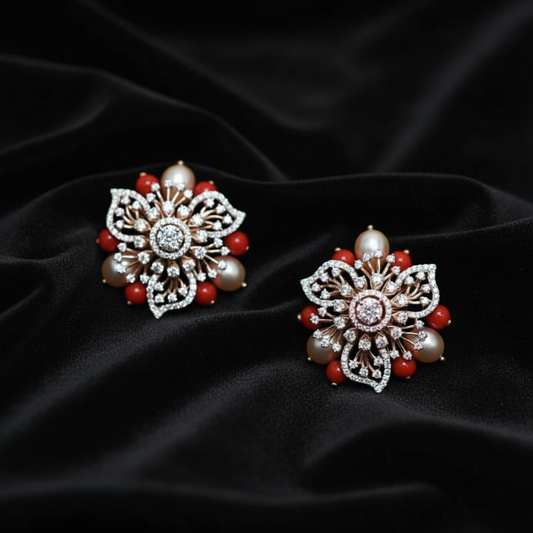 Diamond studs,Pure Silver jewelry Indian ,coral studs,coral earrings,Indian Bridal,Indian Wedding Jewelry-NIHIRA-SHABURIS