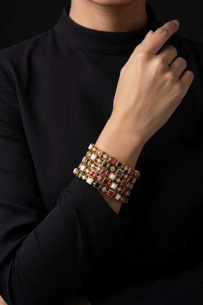 Navaratan Bangles - Diamond Bangles - 925 Silver Jewelry - 22ct Gold Plated - CZ Bangles - South indian diamond Bangles design