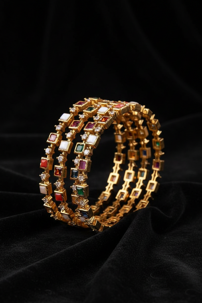 Navaratan Bangles - Diamond Bangles - 925 Silver Jewelry - 22ct Gold Plated - CZ Bangles - South indian diamond Bangles design