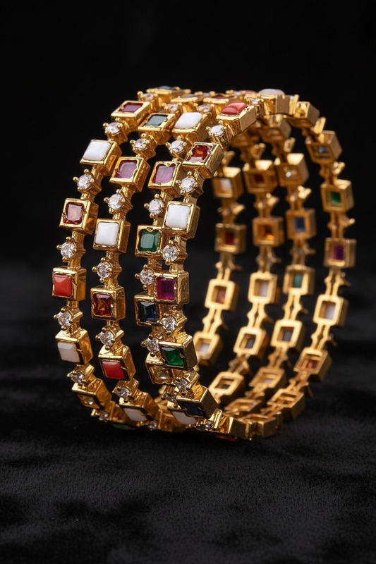 Navaratan Bangles - Diamond Bangles - 925 Silver Jewelry - 22ct Gold Plated - CZ Bangles - South indian diamond Bangles design