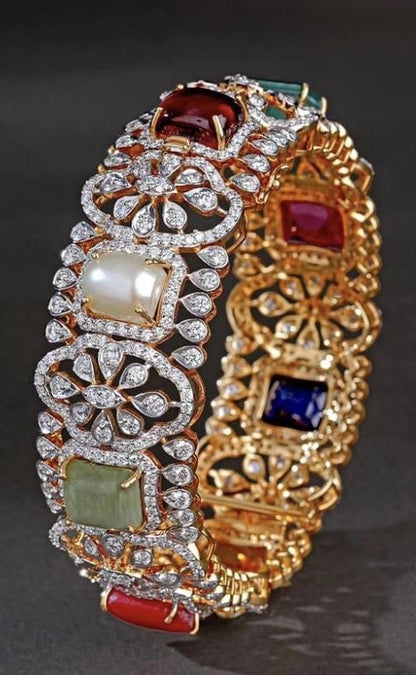 Navaratan Bangles - Diamond Bangles - 925 Silver Jewelry - 22ct Gold Plated - CZ Bangles - South indian diamond Bangles design