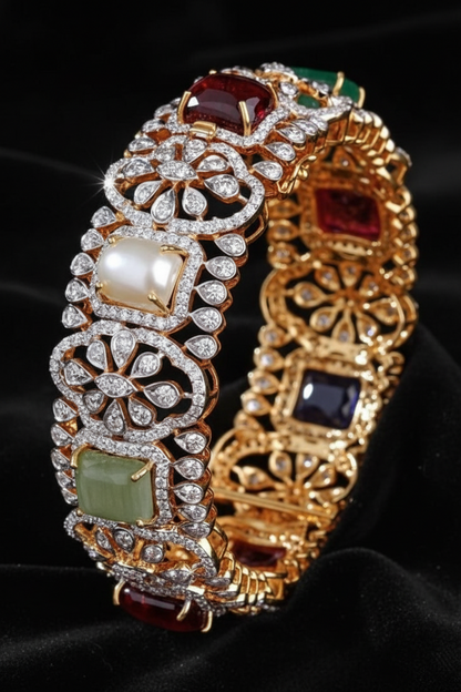 Navaratan Bangles - Diamond Bangles - 925 Silver Jewelry - 22ct Gold Plated - CZ Bangles - South indian diamond Bangles design