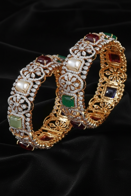 Navaratan Bangles - Diamond Bangles - 925 Silver Jewelry - 22ct Gold Plated - CZ Bangles - South indian diamond Bangles design
