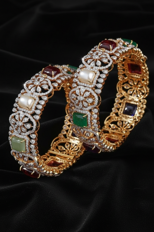 Navaratan Bangles - Diamond Bangles - 925 Silver Jewelry - 22ct Gold Plated - CZ Bangles - South indian diamond Bangles design