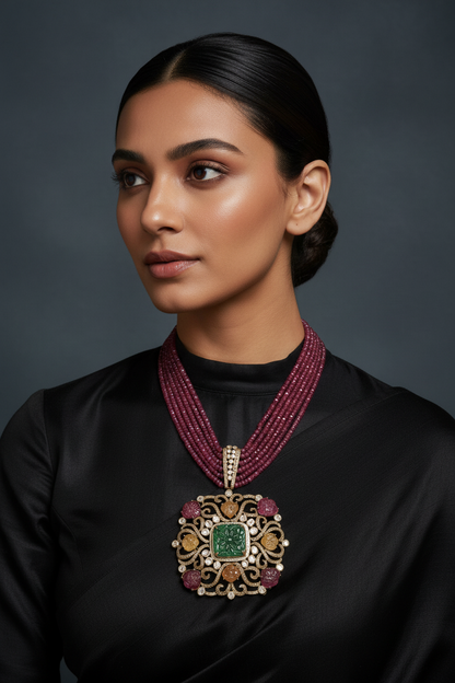 Navaratan necklace statement jewelry silver necklace 925 silver with 22k gold plated - SHABURIS