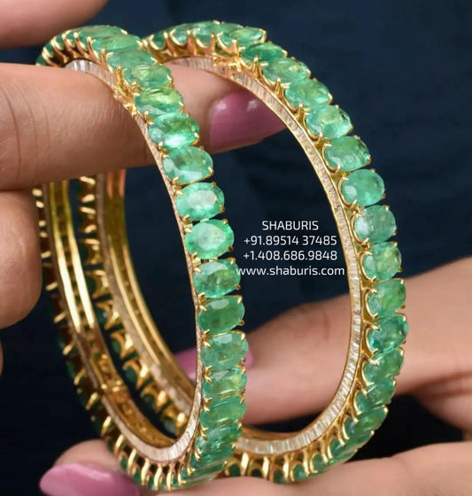 Columbian emerald Bangles - Diamond Bangles - 925 Silver Jewelry - 22ct Gold Plated - CZ Bangles - South indian diamond Bangles design