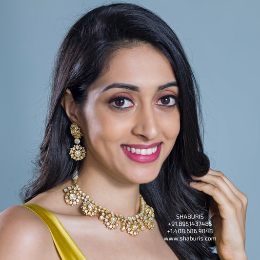 Polki necklace diamond necklace 925 silver with 22k gold plated - SHABURIS (Ready to Ship from India)