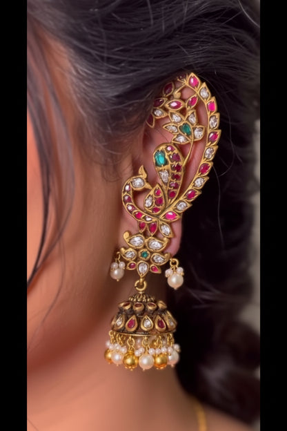 Earcuf Antique earrings Polki Jhumkis - Diamond Studs - Cocktail Studs - 925 silver Jewelry Silver Earrings- SHABURIS