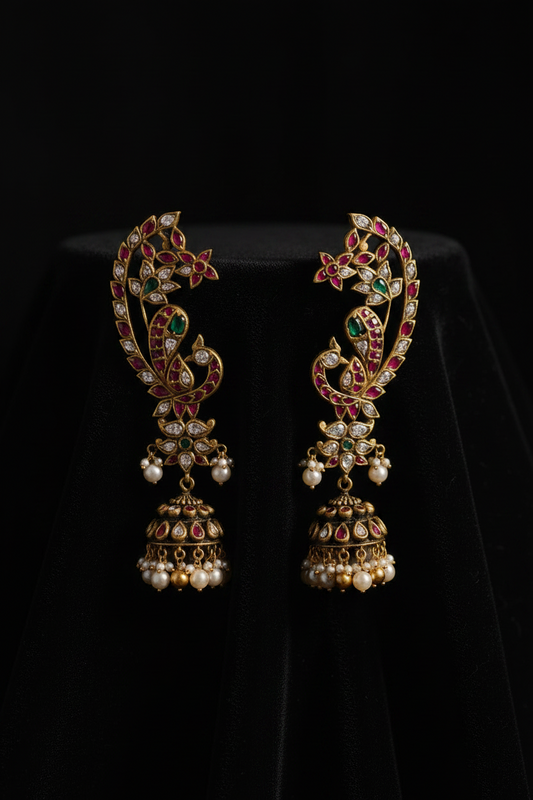 Earcuf Antique earrings Polki Jhumkis - Diamond Studs - Cocktail Studs - 925 silver Jewelry Silver Earrings- SHABURIS