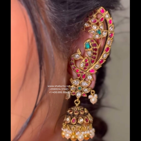 Earcuf Antique earrings Polki Jhumkis - Diamond Studs - Cocktail Studs - 925 silver Jewelry , South Indian Jewelry,bridal choker,Indian Wedding Jewelry,pure Silver indian jewelry - SHABURIS