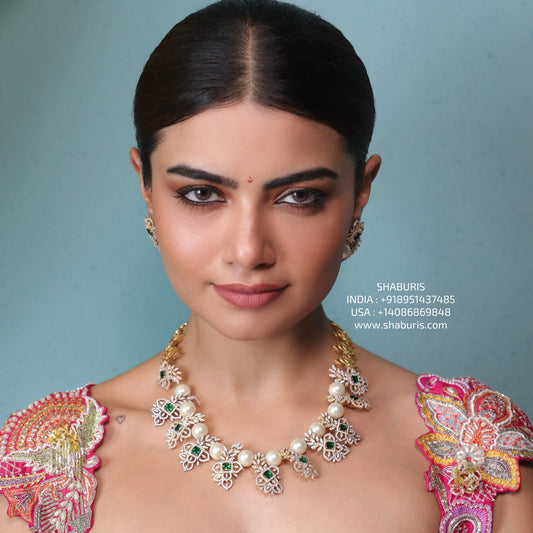 Diamond necklace silver necklace 925 silver with 22k gold plated  - SHABURIS (Ready to Ship from India)