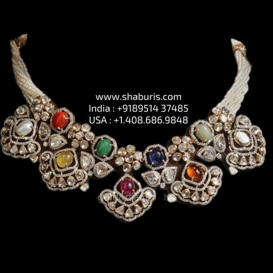 Navaratan necklace silver necklace 925 silver with 22k gold plated - SHABURIS