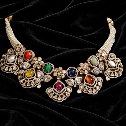 Navaratan necklace silver necklace 925 silver with 22k gold plated - SHABURIS