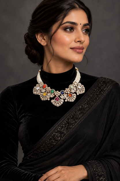 Navaratan necklace silver necklace 925 silver with 22k gold plated - SHABURIS