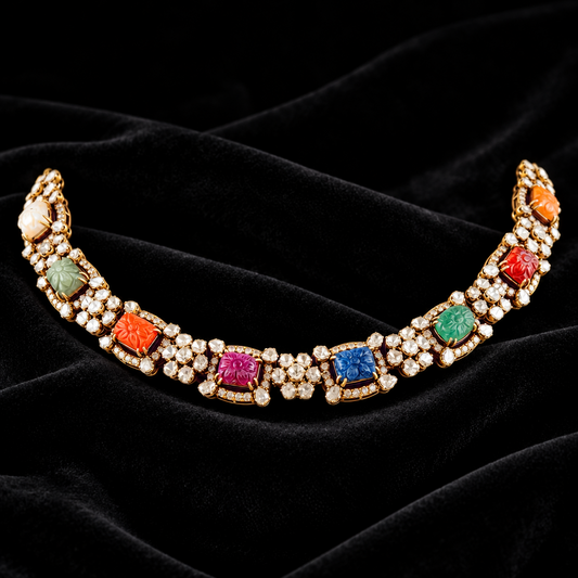 Navaratan necklace silver necklace 925 silver with 22k gold plated - SHABURIS